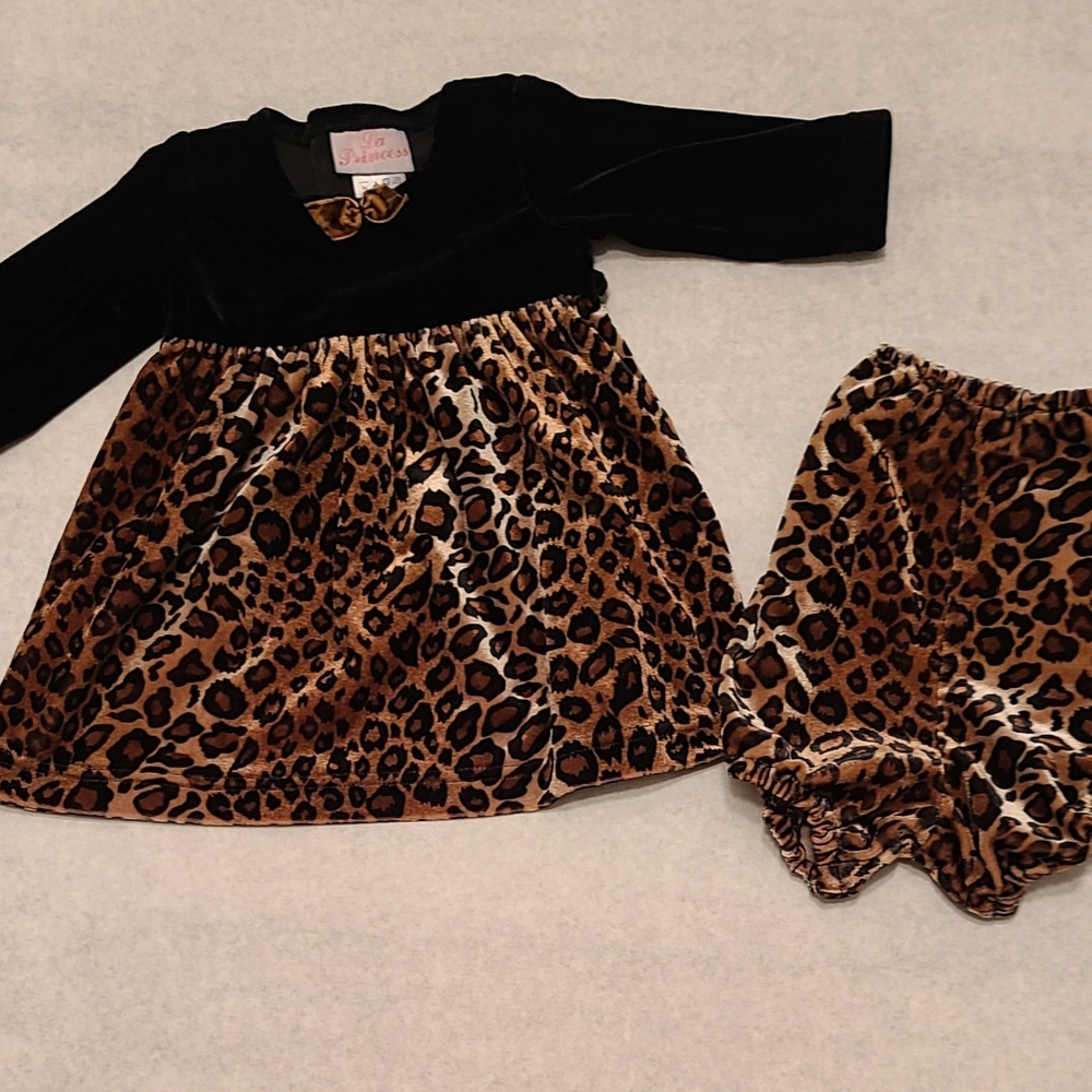 Two piece set includes velour black leopard dress and matching diaper cover